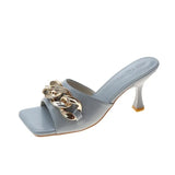Chain Design Women Heels Summer Sexy Open Toe Solid Color Sandals Stiletto 2021 Square Head Luxury Prom Woman