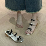 Rhinestone Roman Sandals Women Summer Shoes New Bow Thick Middle Heel Female Fashion Sandales Open Toe Ankle Buckle