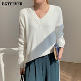 Elegant V-neck Knitted Women Sweaters Full Sleeve Loose Female Pullovers Jumpers Autumn Winter Thick Ladies