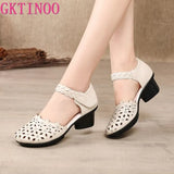 2021 Summer Women's Genuine Leather Shoes Woman Retro Hollow Out Sandals Female Hook & Loop Heels Ladies Platform