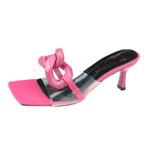 Summer Big Chain Transparent Slippers Women Stilettos Sandals Square Toe High Heels Mules Shoes Women Slides White