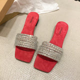 Women's Rhinestone Flat Slide Sandals, Glitter Square Open Toe Non Slip Shoes, Outdoor Beach