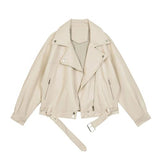 2021 New Spring Women Pu Leather Motorcycle Jacket Female With Belt Solid Color Jackets Ladys Loose Casual