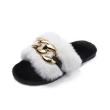 Chain Slippers Women's Autumn And Winter New Flat-Soled Large-Size Warm Slippers Cotton