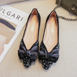 Spring Lace Bowknot Flats Women Glitter Crystal&Beads Ballets Shoes Ladies Pointed Toe Loafers Dress Slip On Moccasins