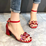 Sandals with Low Heels Women Sandals 2022 Summer Shoes Women Open Toe Crystal Chunky Sandals Heels Women Gold
