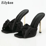 2022 New Arrival Silk Butterfly-knot high heels Women Slippers Sandals Square toe Mule Slippers Slides Party