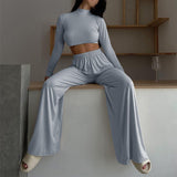 Two Piece Set Women Skinny Turtleneck Long Sleeve Cropped Top And Elastic Wide Leg Pant Suit Elegant Female Solid