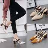 Spring And Summer New Single Shoes Women's Pointed Thick Heels Baotou Women's Shoes With One-Word Buckle High-Heeled Shoes Hollow Women's
