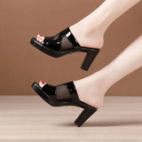Heel Gauze Slippers Summer 2023 New Waterproof Table Fish Mouth Sandals Lacquered Leather Large Size 43 Women Wearing