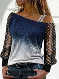Spring Autumn Patchwork Print Blouses Office Lady Slim Fashion Shirts Women Elegant Sexy One Shoulder Mesh Sleeve Tops