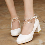 Women Wedding Shoes Crystal Preal Ankle Strap Bridal Shoes Woman Dress Shoes Seay Pumps Sweet Party