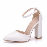 Breakj 7 Cm Thick Heel Sharp-Headed Hollow Sandals Spring Square Side Light Women's Shoes White Buckle Bride High