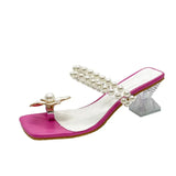 New Design Square Toe Slippers Sandals Fashion Flowers pearl Crystal Strange Heels Shoes Woman Summer Slides Shoes for