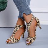 Summer New Fashion Sexy Stiletto Fish Mouth Large Size Leopard Print Bag Heel High Heels Comfortable Open Toe