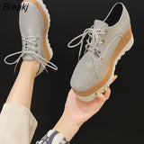 Women Shoes Patent Leather Lace Up Thick Heel Increased Flat Platform Oxford Shoes Woman Loafers Solid Casual Shoes Plus