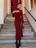 Christmas Party Dress Women Velvet Hollow Out Turtleneck Sexy Side Split Elegant Women Red Midi Dresses For Woman