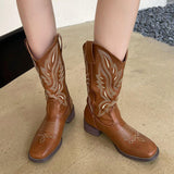 Breakj Sui Coarse And The Western Cowboy Boots V Mouth Embroidered Sleeve Rider Boots Retro Mid-Head