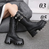 Women's Punk Gothic Boots 2023 Fashion Buckle Chain High Heels Mid Calf Boots Women Black Pu Leather Plus Size 42 Autumn