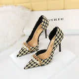 Breakj Korean Version Of High Heels Plaid Shallow Mouth Side Hollow Thousand Bird Case Pearl Metal Chain Super High Heel Single