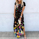 Summer New Fashion Striped Strapless Dress Loose Round Neck Short Sleeve Long Dress Casual Elegant Moon Star Printing