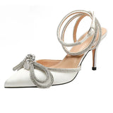 Hot Glitter Rhinestones Women Pumps Crystal bowknot Satin Summer Lady Shoes Genuine leather High heels Party Prom