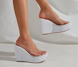 Women Transparent Clear Crystal Sequins Platform Wedge Thick Sole Sandals High Heels Mules Slides Summer Beach