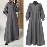 Winter Dress For Women'Solid Sundress Vintage Lapel Pleated Kaftan Dress Long Robe Femme VONDA Casual Long Vestidos