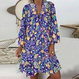 Fashion New V Neck Print Ruffle Dresses Casual Button Pacthwork Loose Mid Dresses Elegant Streetwear Party Female