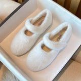 Fur Mary janes shoes woman round toe ankle strap furry loafers 34-43 big size warm plush winter shoes female cotton