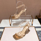 Summer New Women Sandals Fairy Style Square Head Silver Rhinestone Slim Band Temperament One Word Band Versatile High