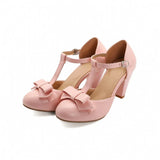 Women Mary Janes Sandals Buckle T-Strap Girls Spike High Heels Pumps Sweet Bowtie Lolita Casual Wedding Bridal Shoes Large