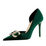 Breakj Banquet High Heels Fine Heel Shallow Mouth Tip Side Hollow Out And Thick Suede Water Diamond Button Bow Single