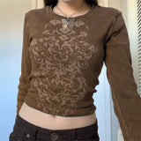 Y2K Grunge Fairycore Crop Tshirts Graphic Print Long Sleeves Slim Top Tee Crewneck Fashion Harajuku Cloth