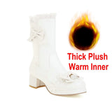 2021 Autumn Winter Cosplay Mid Long Boots Women Pink White Black Princess Ruffles Butterfly-knot Chunky Hees Lolita JK