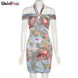 Puss Colorful Halter Backless Sexy Women Dress Sleeveless Skinny Mini Bodycon Cross Bandage Vacation Streetwear