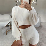Casual Knit Two Piece Sets Short Sleeve O Neck Crop Tops And Drawstring Shorts Matching Suit Summer Female Homewear