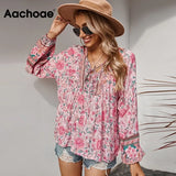 Bohemian Floral Print Blouse Women Bow Tie V Neck Retro Shirt Female Loose Casual Long Sleeve Tunic Tops 2021