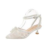 Mesh Pearl Bowknot Queen Women Sandals Bridal Fine High Heels Sandals Wedding Shoes Zapatos De Mujer Tacon Saltos Feminino