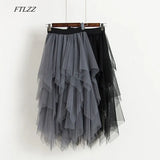 Tulle Skirts Women High Waist Mesh Skirt Hem Asymmetrical Pleated Midi Skirt Female Black Pink Summer Mid-calf