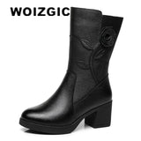 Women Ladies Female Mother Genuine Leather Mid Calf Boots Shoes Winter Plush Fur Warm Floral Zipper Plus Size 41