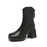 Boots Female Korean Version Retro Square Head Back Zip Fashion Boots 2023 New Thick Heel Platform And Velvet Martin