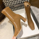 Celebrity Elastic Thin Thin Boots Female 2023 Autumn New Thick High Heel Temperament Short Boots Female White Lacquer Leather Martin