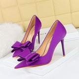 Breakj Korean Version Fashion Thin Heels, Silk, Shallow Pointed Bow Single High Heel Women's