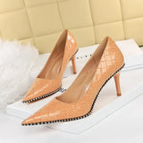 Breakj Sexy Nightclub Show Thin High With Shallow Pointed Patent Leather Woven Metal Chain Single