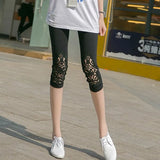 Fitness Leggins Short Leggings Women Summer Lace Floral Female Casual Capris Hollow Out Slim White
