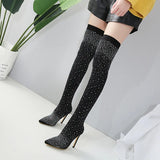 2024 Popular Style Over-The-Knee Boots Pointed Thin-Heeled Women's Diamond Elastic Socks Boots Large Size Women's