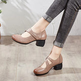 2021 Vintage Women Pumps Comfortable Genuine Leather High Heel Shoes Women Round Toe Casual Thick Heel Mother