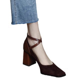 Breakj And Autumn New High-Heeled Women's Velvet Face Retro Head Thick Heel Cross-Buckle With Korean Version Of Shallow Mouth Mary Jane Single Shoes