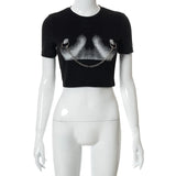Puss Print Chain Crop Top Women Summer Casual Skinny Short Sleeve T Shirt Wild Streetwear Stretchy Sporty Waistless